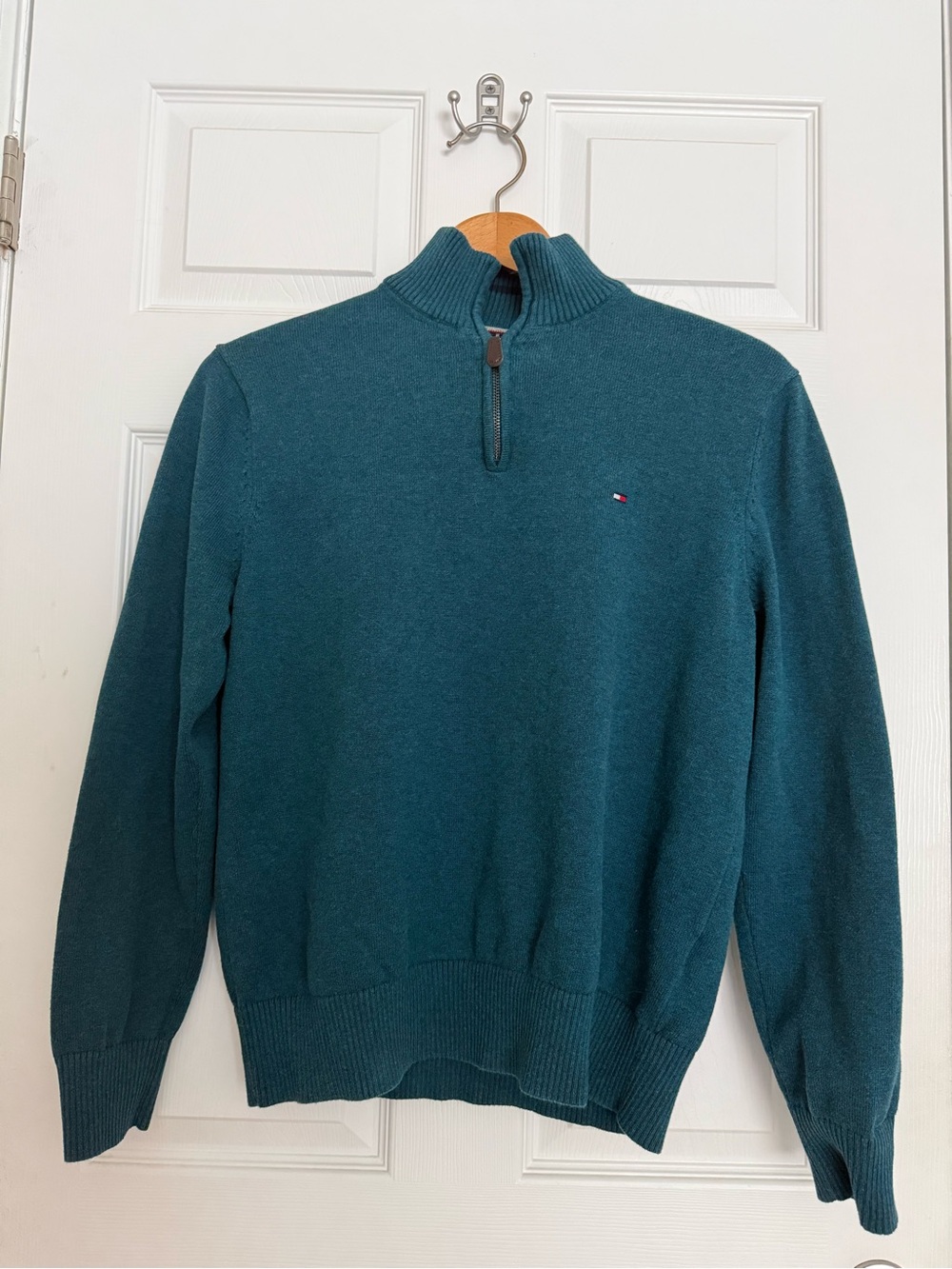 Tommy Hilfiger Men's Teal Quarter Zip-Neck Sweater Academia Preppy